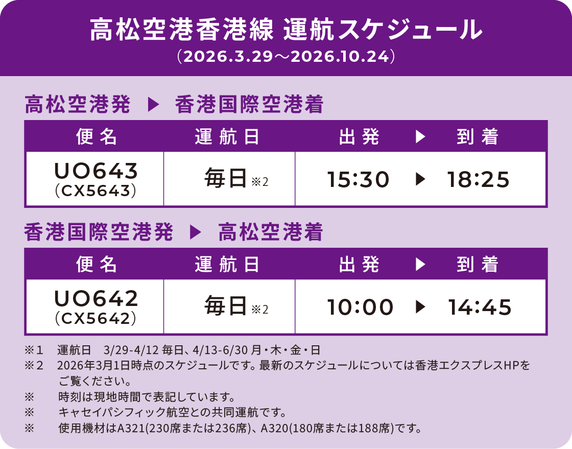 高松空港香港線　運航スケジュール